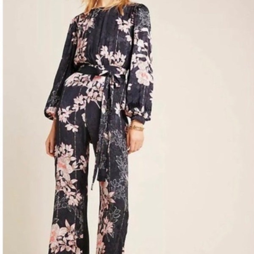 Anthropologie Jumpsuit Harlyn Audria Jacquard 100% Viscose SML Black Belted